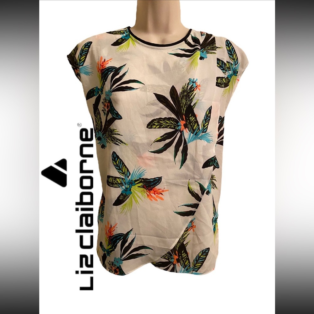 ☃️Liz Claiborne white tropical print blouse size xsmall petite